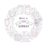 Set of a warming winter drinks on a white background. Vector illustration in doodle style. Winter mood. Hello 2023. Merry Christmas and Happy New Year.