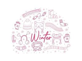 A set of hand-drawn winter clothing. Vector illustration in doodle style. Winter mood. Hello 2023. Merry Christmas and Happy New Year. Pink elements in the shape of a circle on a white background.