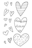 Big set of cute hand-drawn doodle elements about love. Message stickers for apps. Icons for Valentines Day, romantic events and wedding. Hearts with stripes and texture. vector