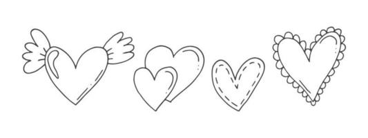 Big set of cute hand-drawn doodle elements about love. Message stickers for apps. Icons for Valentines Day, romantic events and wedding. Hearts with stripes, texture, with wings and Cupids arrows. vector