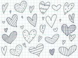 Big set of cute hand-drawn doodle elements about love. Message stickers for apps. Icons for Valentines Day, romantic events and wedding. A checkered notebook. Hearts with stripes and texture. vector