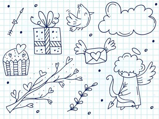 Big set of cute hand-drawn doodle elements about love. Message stickers for apps. Icons for Valentines Day, romantic events and wedding. A checkered notebook.