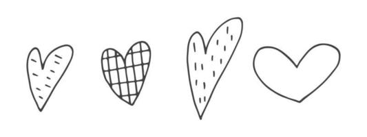 Big set of cute hand-drawn doodle elements about love. Message stickers for apps. Icons for Valentines Day, romantic events and wedding. Hearts with stripes and texture. vector