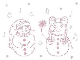 Set of cute snowmen on a white background. Vector illustration in doodle style. Winter mood. Hello 2023. Merry Christmas and Happy New Year.