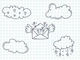 Set of cute hand-drawn doodle elements about love. Message stickers for apps. Icons for Valentines Day, romantic events and wedding. A checkered notebook. Envelope with heart in the sky with clouds. vector