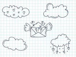 Set of cute hand-drawn doodle elements about love. Message stickers for apps. Icons for Valentines Day, romantic events and wedding. A checkered notebook. Envelope with heart in the sky with clouds. vector