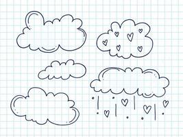 Set of cute hand-drawn doodle elements about love. Message stickers for apps. Icons for Valentines Day, romantic events and wedding. A checkered notebook. Clouds and rain from hearts. vector