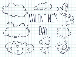 Set of cute hand-drawn doodle elements about love. Message stickers for apps. Icons for Valentines Day, romantic events and wedding. A checkered notebook. A bird with balloon in the sky with clouds. vector
