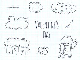 Set of cute hand-drawn doodle elements about love. Message stickers for apps. Icons for Valentines Day, romantic events and wedding. A checkered notebook. Cupid with a bow and arrow in the clouds. vector