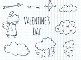 Set of cute hand-drawn doodle elements about love. Message stickers for apps. Icons for Valentines Day, romantic events and wedding. A checkered notebook. Cupid with a bow and arrow in the clouds. vector