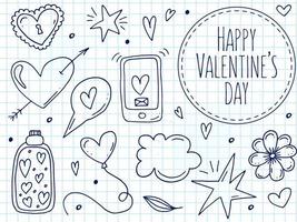 Big set of cute hand-drawn doodle elements about love. Message stickers for apps. Icons for Valentines Day, romantic events and wedding. A checkered notebook. vector