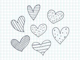 Big set of cute hand-drawn doodle elements about love. Message stickers for apps. Icons for Valentines Day, romantic events and wedding. A checkered notebook. Hearts with stripes and texture. vector