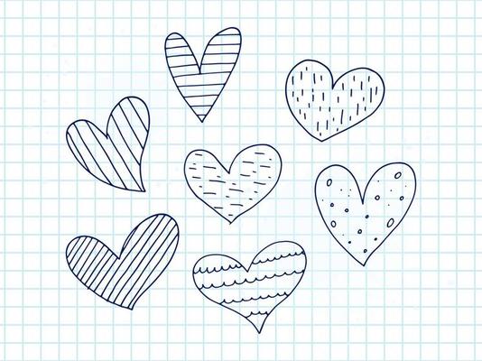 Big set of cute hand-drawn doodle elements about love. Message stickers for apps. Icons for Valentines Day, romantic events and wedding. A checkered notebook. Hearts with stripes and texture.