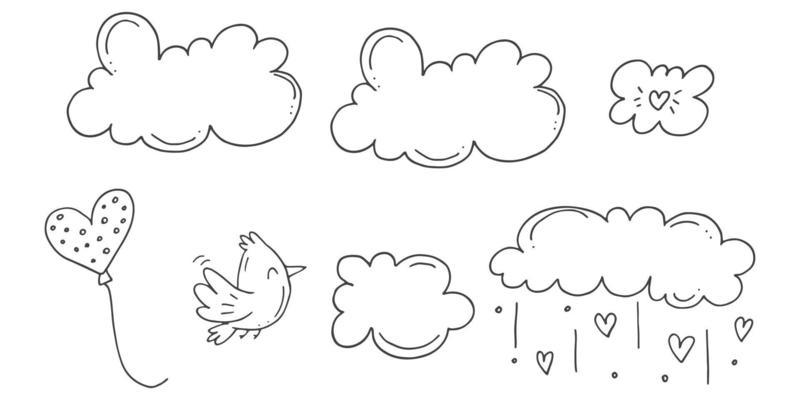 Set of cute hand-drawn doodle elements about love. Message stickers for apps. Icons for Valentines Day, romantic events and wedding. A bird with a balloon in the sky with clouds.