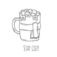 Hot chocolate in a cup with a scarf. Warm cocoa with marshmallows on a white background. Vector illustration in doodle style. Winter mood. Hello 2023. Merry Christmas and Happy New Year.