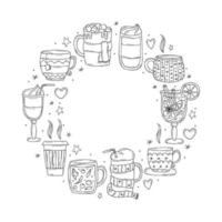 Set of a warming winter drinks on a white background. Vector illustration in doodle style. Winter mood. Hello 2023. Merry Christmas and Happy New Year.