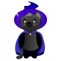 lindo gato negro con un sombrero morado y una capa morada en honor a la festividad de halloween vector