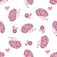 seamless childish floral pattern with flowers and cute hedgehogs on black background vector