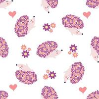 seamless childish floral pattern with flowers and cute hedgehogs on black background vector