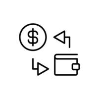 Simple vector isolated pictogram drawn with black thin line. Editable stroke for web sites, adverts, stores, shops. Vector line icon of dollar and wallet exchange