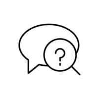 Simple vector isolated pictogram drawn with black thin line. Editable stroke for web sites, adverts, stores, shops. Vector line icon of question mark in loupe in speech bubble