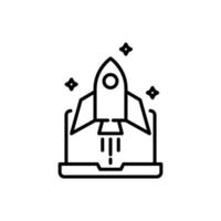 Simple vector isolated pictogram drawn with black thin line. Editable stroke for web sites, adverts, stores, shops. Vector line icon of rocket ship over laptop