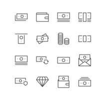 Set of money and finance icons, pay, paper money, cash, growth, market, value, earn and linear variety vectors. vector