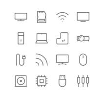 Set of computer and component icons, monitor, cable, adapter, mouse and linear variety vectors. vector