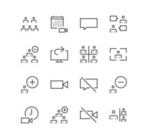 Set of video conference and online meeting icons, share screen, presenter view, button, switch, screen, education, view and linear variety vectors. vector