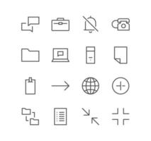 Set of interface and technology icons, world, phone, device, folder, briefcase, size, screen, mail, document and linear variety vectors. vector