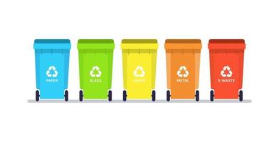 Plastic containers for garbage and recycling bins segregate waste sorting management environment protection concept flat vector illustration.