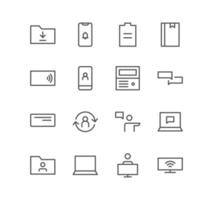 Set of business and communication icons, folder, talk, presentation, chat, book, laptop and linear variety vectors. vector