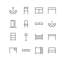 Set of furniture and household icons, lamp, chair, table, bed, door and linear variety vectors. vector