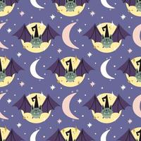 Spooky Halloween seamless pattern in cute doodle style. Smiling bat in witch's hat, moon and stars cartoon vector elements on violet background.