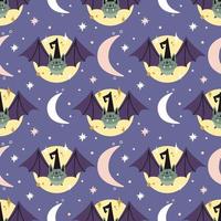 Spooky Halloween seamless pattern in cute doodle style. Smiling bat in witch's hat, moon and stars cartoon vector elements on violet background.