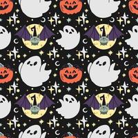 Halloween spooky seamless pattern in cute cartoon style on black background. Pumpkin, bat in witch hat and ghost flat vector elements.