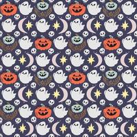 Cute childish Halloween seamless pattern in flat doodle style with ghost, smiling pumpkin, moon, scull, stars on violet background. Perfect for digital paper and decoration. vector