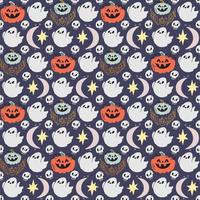 Cute childish Halloween seamless pattern in flat doodle style with ghost, smiling pumpkin, moon, scull, stars on violet background. Perfect for digital paper and decoration. vector