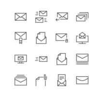 Set of business and technology icons, envelope, mail, letter, send, post, message, paper and linear variety vectors. vector