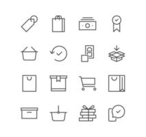 conjunto de iconos de tienda y comercio electrónico, bolsa, compra, negocio, mercado, pedido y vectores de variedad lineal.