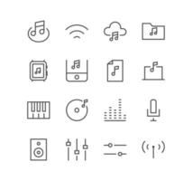 Set of sheet music and sound icons, volume, cd, music, piano, mixer, player, speaker, microphone and linear variety vectors. vector