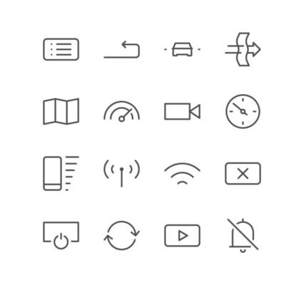 Set of car dashboard and control button icons, camera, document, navigation, vehicle, media, refresh, alert and linear variety vectors.