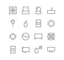 conjunto de iconos de computadora y componentes, cable, usb, teclado, cd, ram, adaptador, mouse y vectores de variedad lineal.