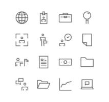 Set of business and finance icons, target, check, presentation, mail, magnifying glass and linear variety vectors. vector