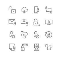 Set of locks and related icons, locked folder, locked phone, change password, cloud, file and linear variety vectors. vector