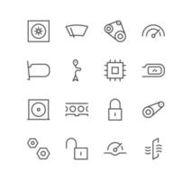 Set of vehicle and car spare parts icons, speedometer, machine, window, cd, engine, mirror, cooler, navigation and linear variety vectors. vector