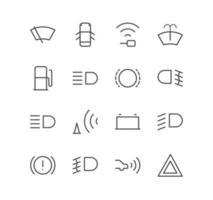 Set of car dashboard and control button icons, brake, fuel, battery, safety, fog, and linear variety vectors. vector