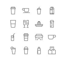 Set of drink and cup icons, cocktail, beverage, glass, coffee, alcohol, juice, tea and linear variety vectors. vector