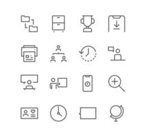 Set of business and communication icons, search, meeting, presentation, phone, time, and linear variety vectors. vector