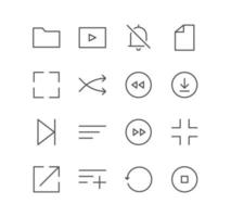 Set of video and audio icons, play, player, download, next, multimedia, button, music, save and linear variety vectors. vector